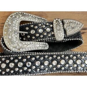 B.B. Simon Leather Belt Black Crystal Leather 34 XL Western Festival Rhineston